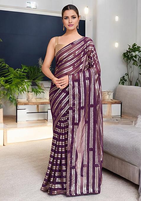 Wine Sequinned Georgette Saree Set