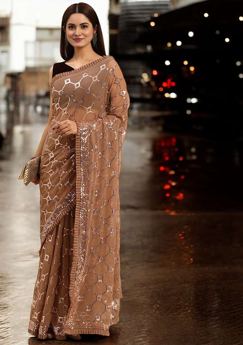 Chiku Brown Sequinned Georgette Saree Set - Indya