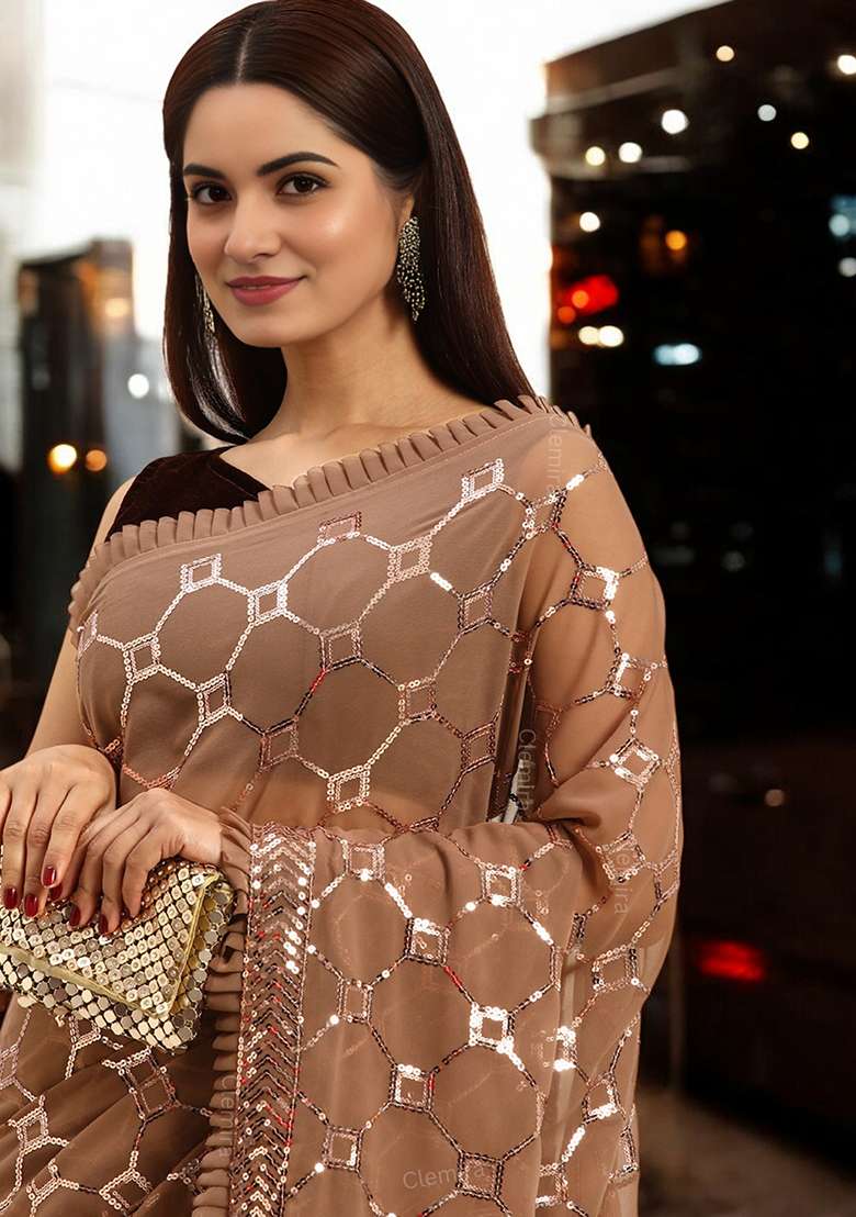 Chiku Brown Sequinned Georgette Saree Set - Indya
