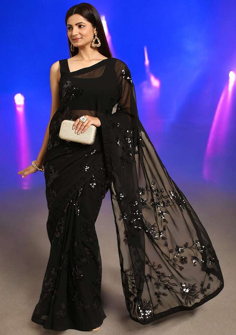 Black Sequinned Georgette Saree Set - Indya