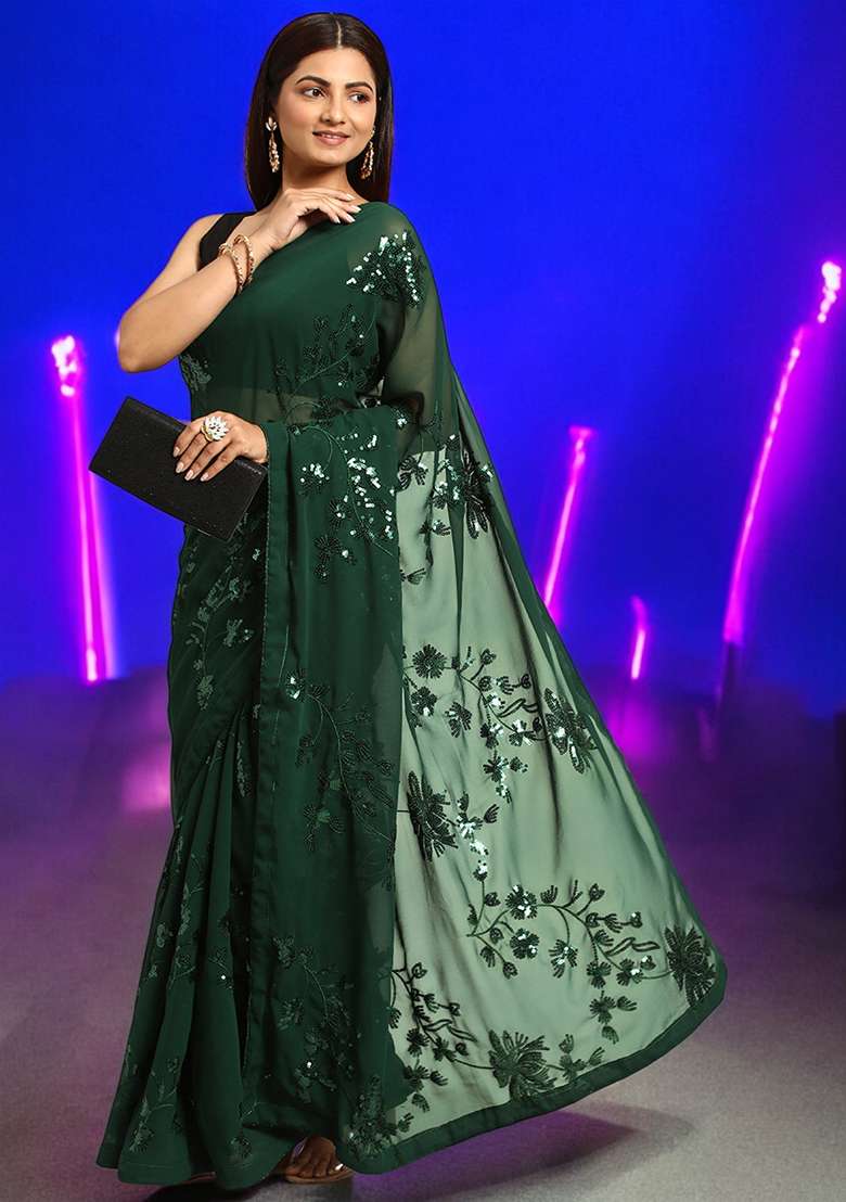 Green Sequinned Georgette Saree Set - Indya