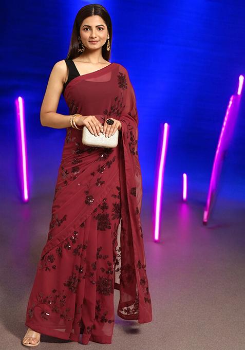 Maroon Sequinned Georgette Saree Set