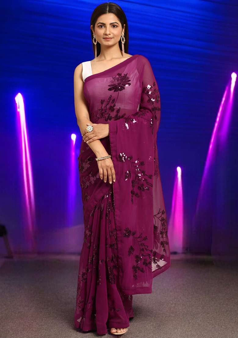 Rani Pink Sequinned Georgette Saree Set - Indya