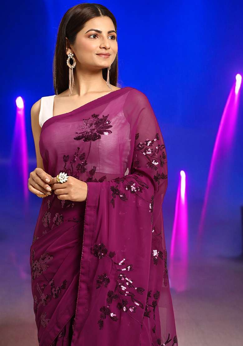 Rani Pink Sequinned Georgette Saree Set - Indya