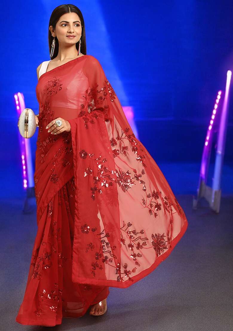 Red Sequinned Georgette Saree Set - Indya