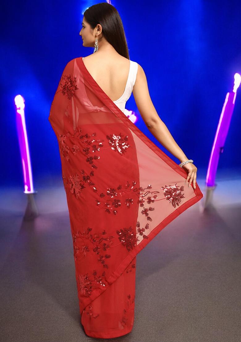 Red Sequinned Georgette Saree Set