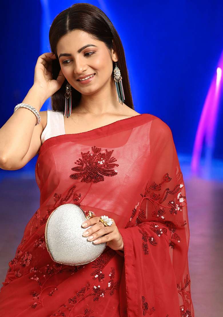 Red Sequinned Georgette Saree Set - Indya