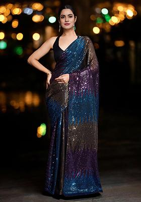 Blue Sequinned Georgette Saree Set