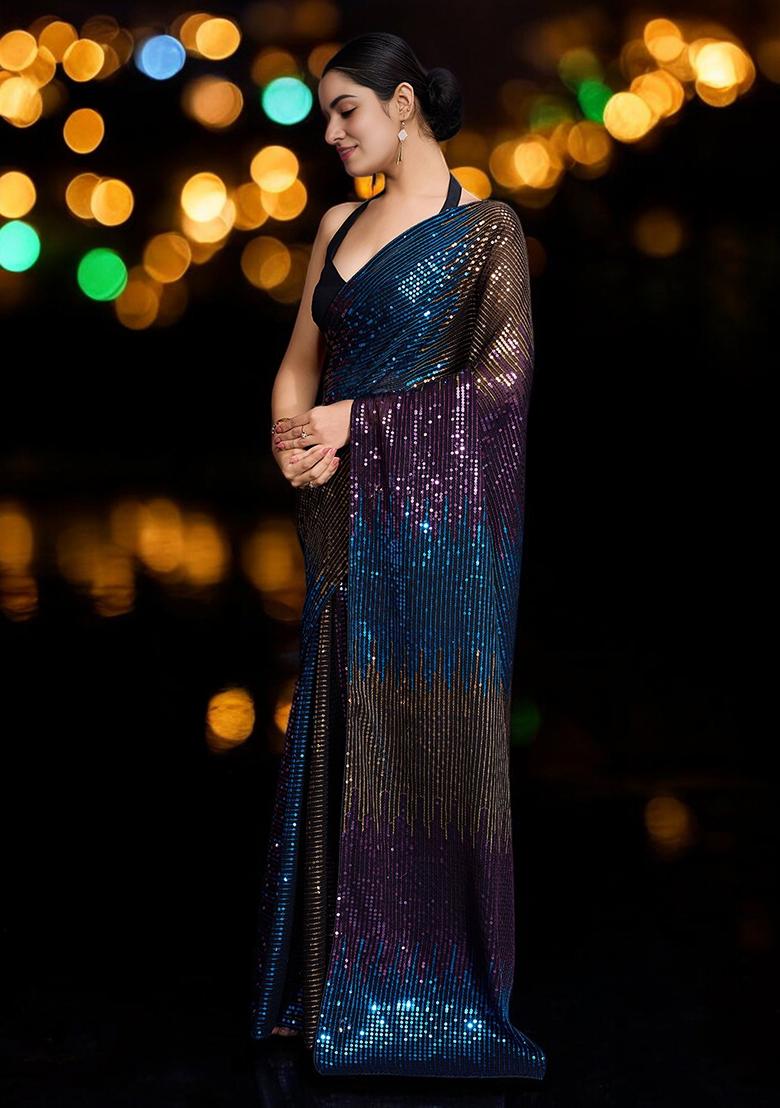Blue Sequinned Georgette Saree Set