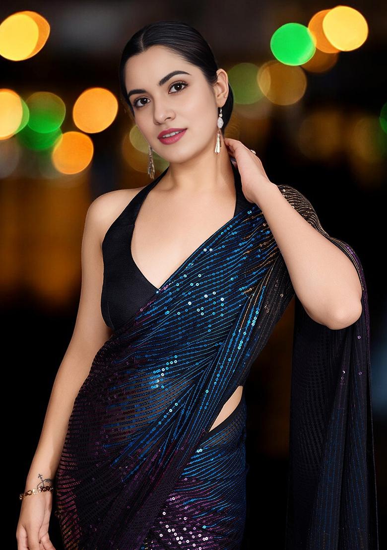 Blue Sequinned Georgette Saree Set