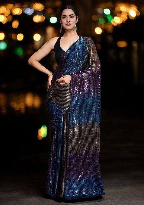 Blue Sequinned Georgette Saree Set