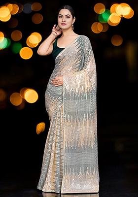 Green Sequinned Georgette Saree Set