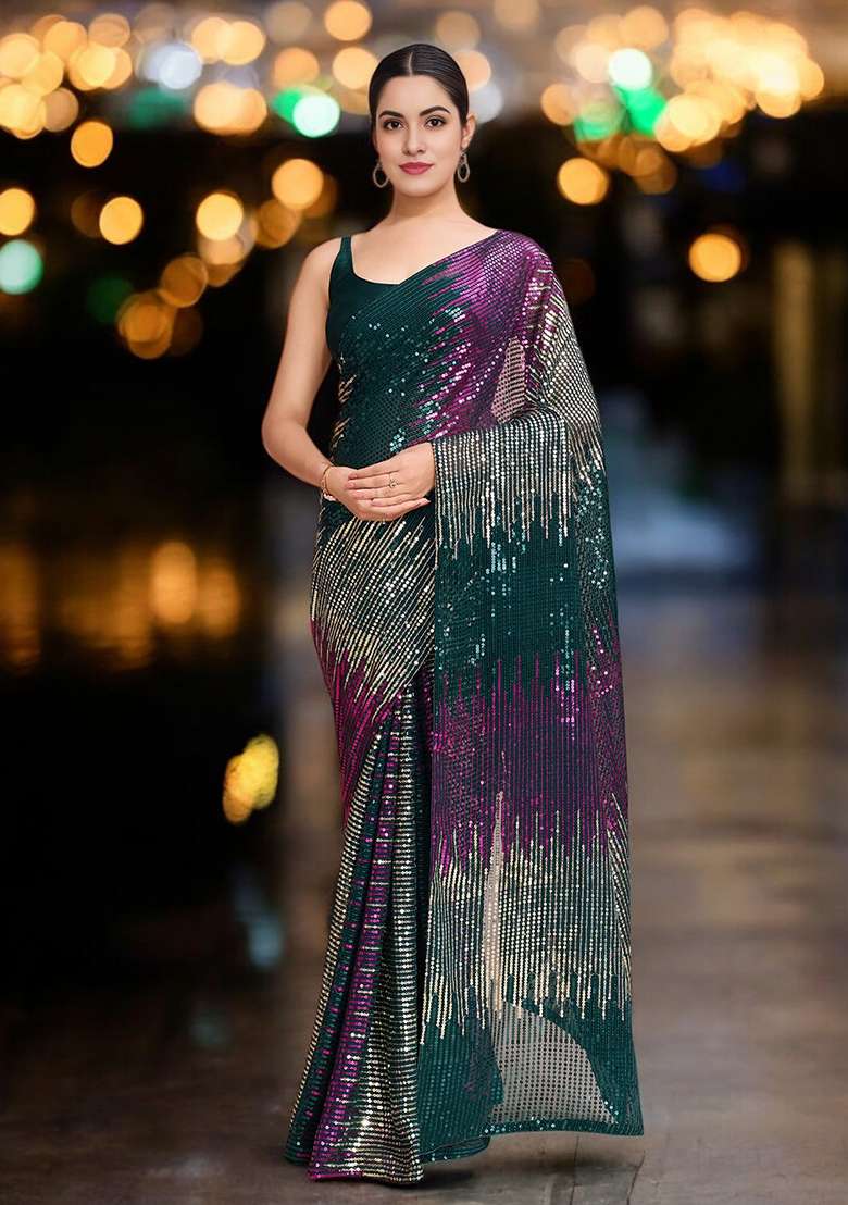 Multicolor Sequinned Georgette Saree Set - Indya