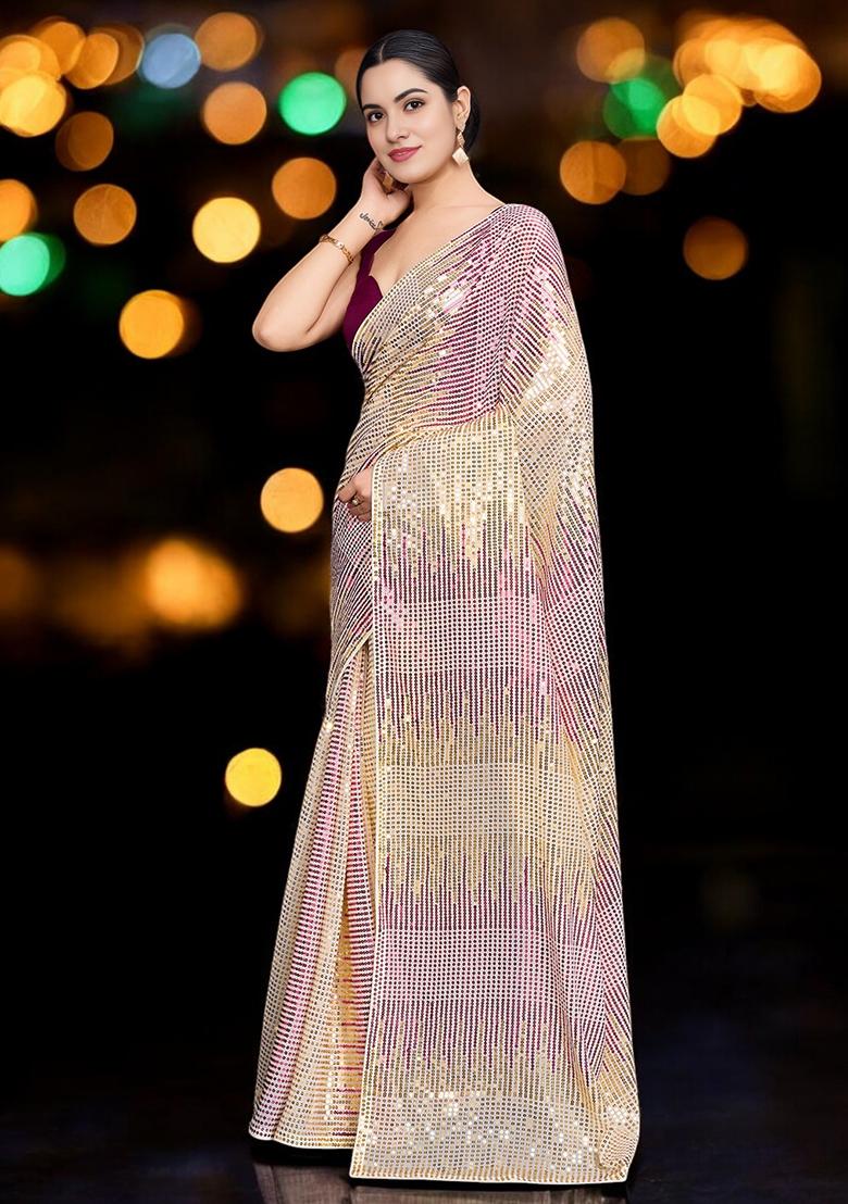 Rani Pink Sequinned Georgette Saree Set