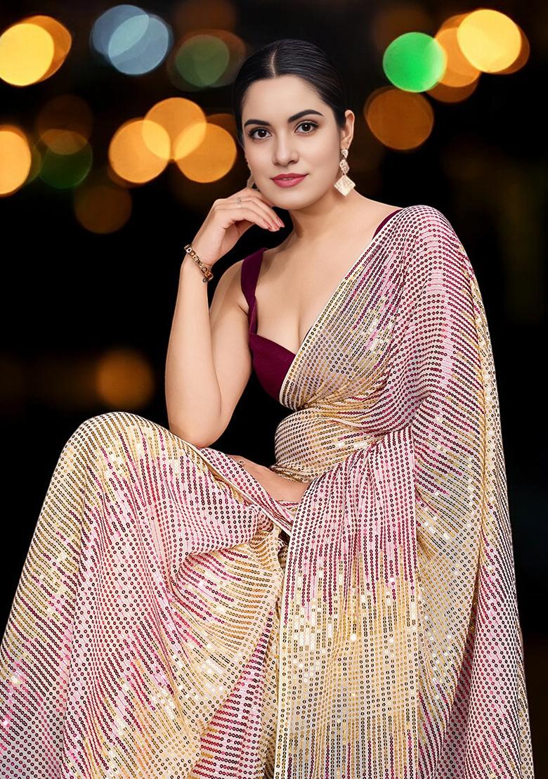Rani Pink Sequinned Georgette Saree Set