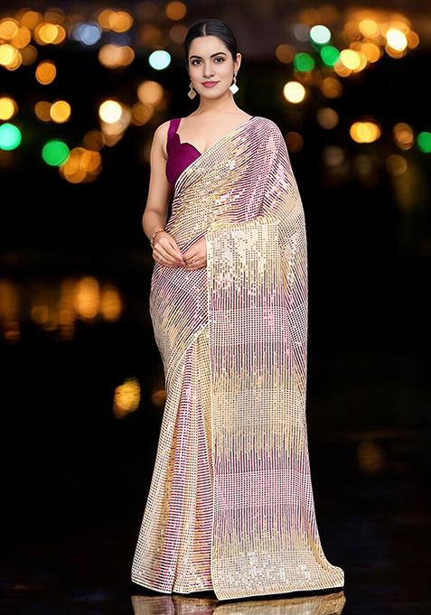 Rani Pink Sequinned Georgette Saree Set