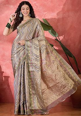 Grey Zari Woven Rangkat Bandhani Saree Rangkat Silk Saree Set