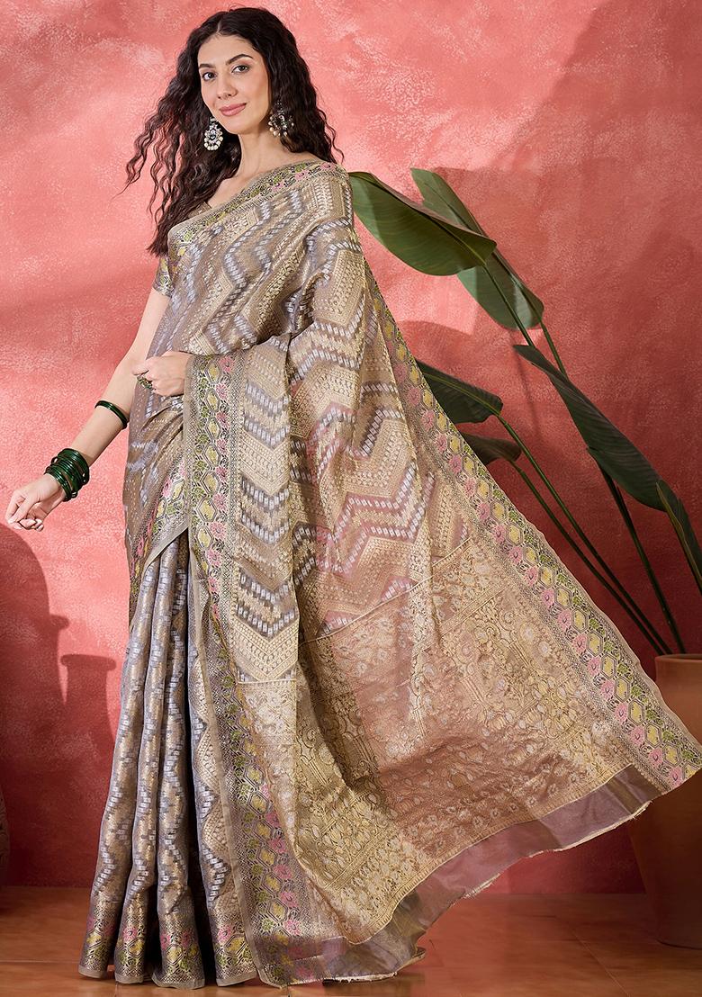 Grey Zari Woven Rangkat Bandhani Saree Rangkat Silk Saree Set