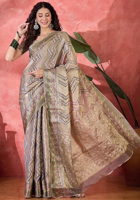 Grey Zari Woven Rangkat Bandhani Saree Rangkat Silk Saree Set