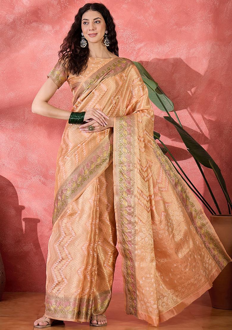 Peach Zari Woven Rangkat Bandhani Saree Rangkat Silk Saree Set