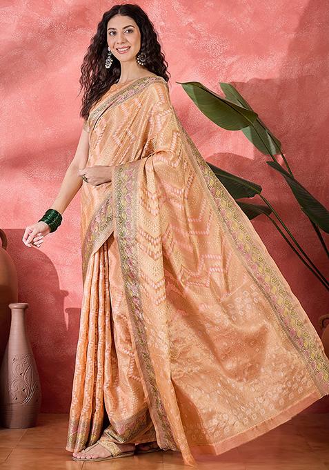 Peach Zari Woven Rangkat Bandhani Saree Rangkat Silk Saree Set