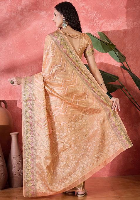 Peach Zari Woven Rangkat Bandhani Saree Rangkat Silk Saree Set