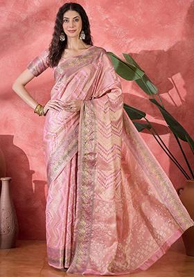 Pink Zari Woven Rangkat Bandhani Saree Rangkat Silk Saree Set