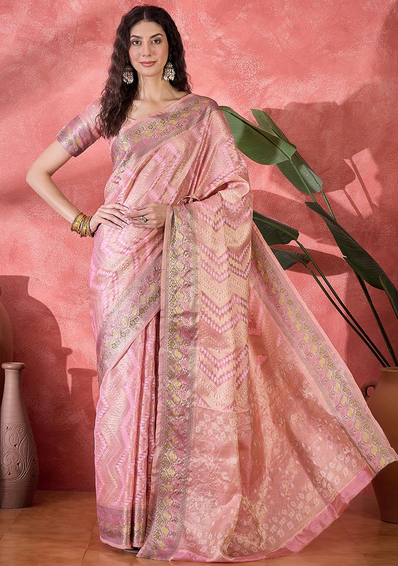 Pink Zari Woven Rangkat Bandhani Saree Rangkat Silk Saree Set