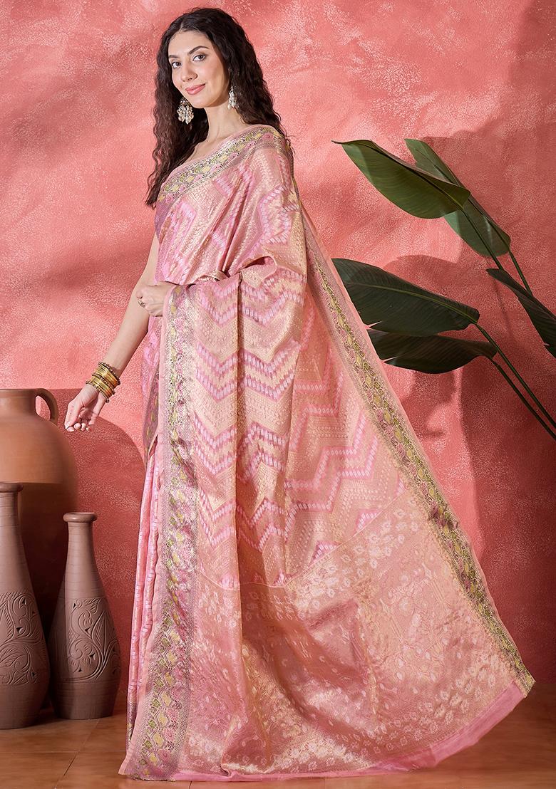 Pink Zari Woven Rangkat Bandhani Saree Rangkat Silk Saree Set
