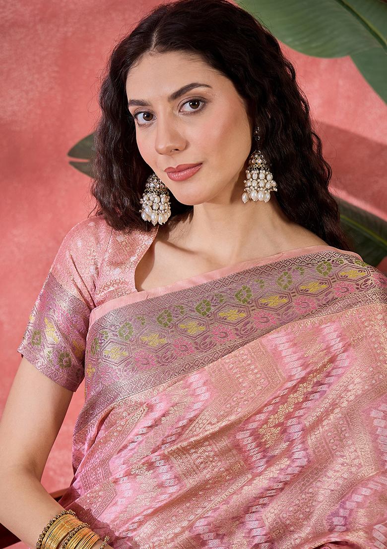 Pink Zari Woven Rangkat Bandhani Saree Rangkat Silk Saree Set