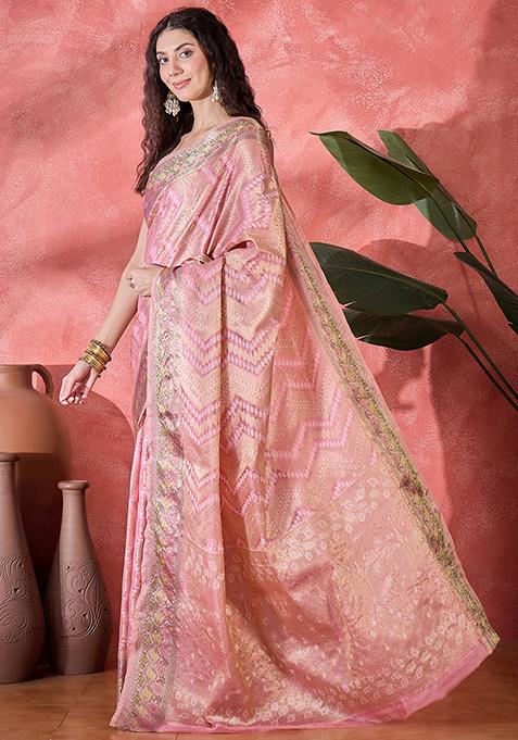 Pink Zari Woven Rangkat Bandhani Saree Rangkat Silk Saree Set