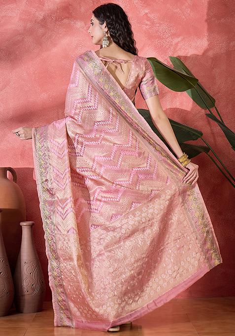 Pink Zari Woven Rangkat Bandhani Saree Rangkat Silk Saree Set