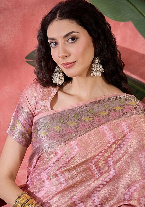 Pink Zari Woven Rangkat Bandhani Saree Rangkat Silk Saree Set