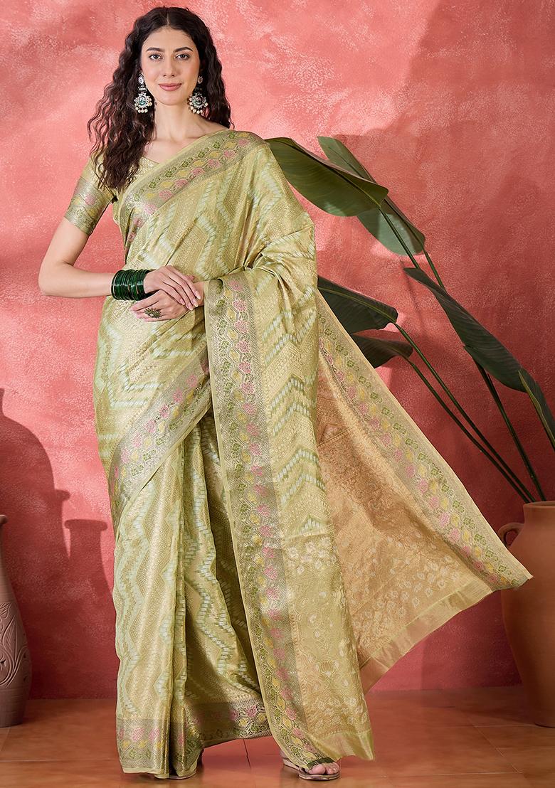 Pista Green Zari Woven Rangkat Bandhani Saree Rangkat Silk Saree Set