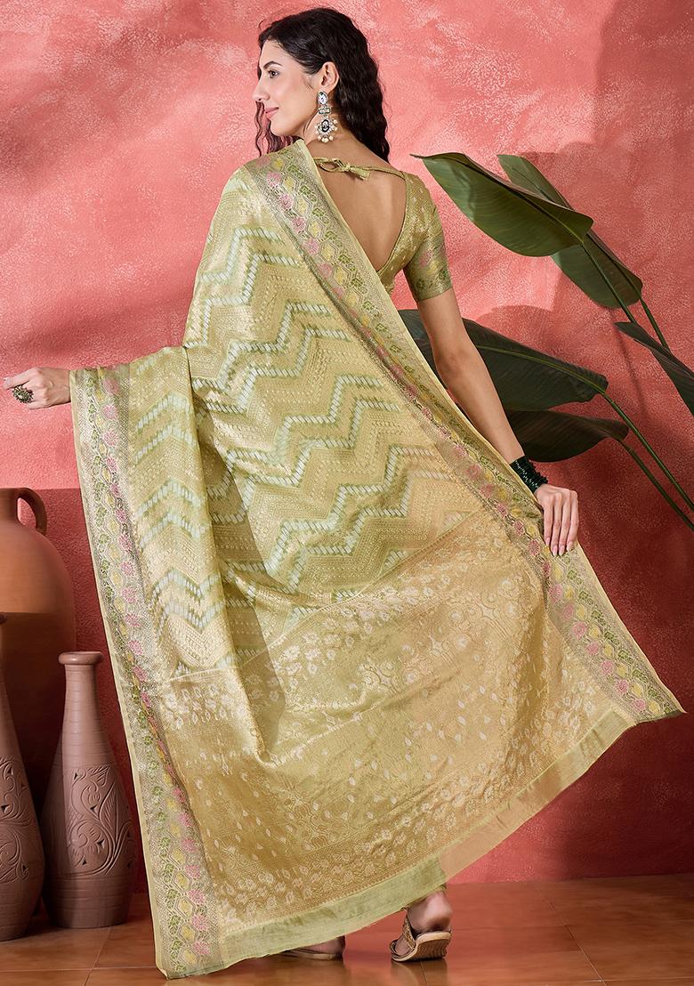 Pista Green Zari Woven Rangkat Bandhani Saree Rangkat Silk Saree Set