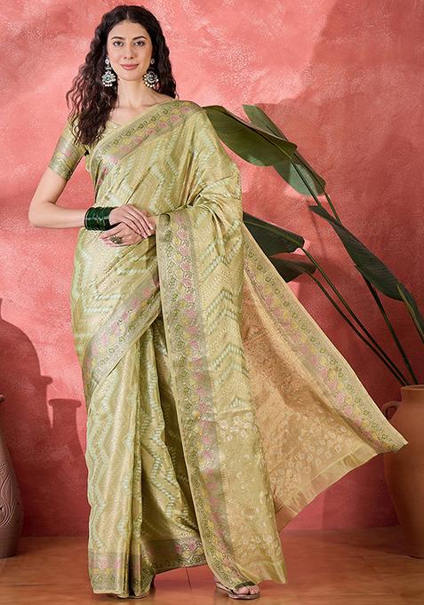 Pista Green Zari Woven Rangkat Bandhani Saree Rangkat Silk Saree Set