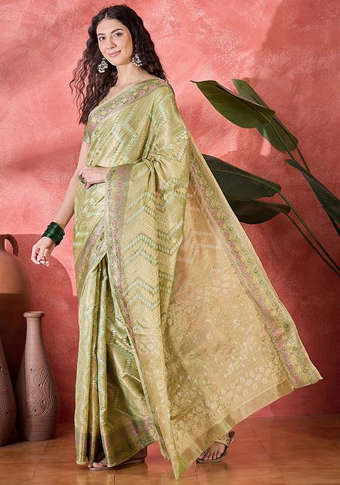 Pista Green Zari Woven Rangkat Bandhani Saree Rangkat Silk Saree Set