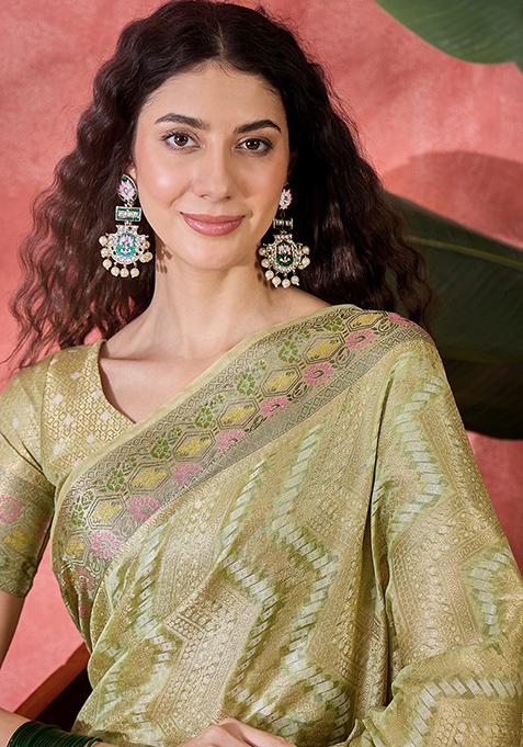 Pista Green Zari Woven Rangkat Bandhani Saree Rangkat Silk Saree Set