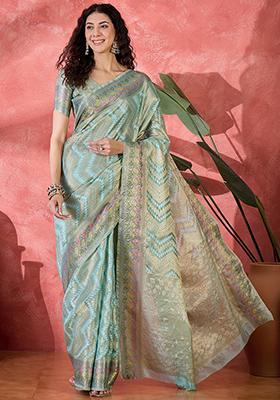 Sky Blue Zari Woven Rangkat Bandhani Saree Rangkat Silk Saree Set