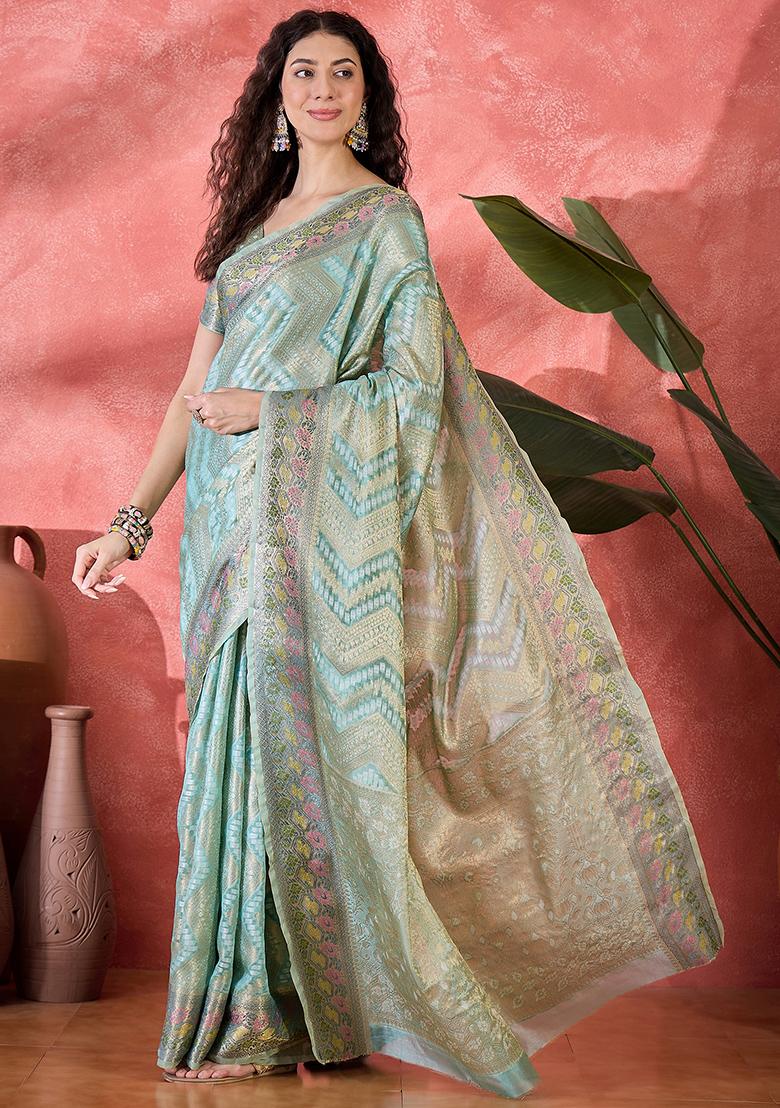 Sky Blue Zari Woven Rangkat Bandhani Saree Rangkat Silk Saree Set