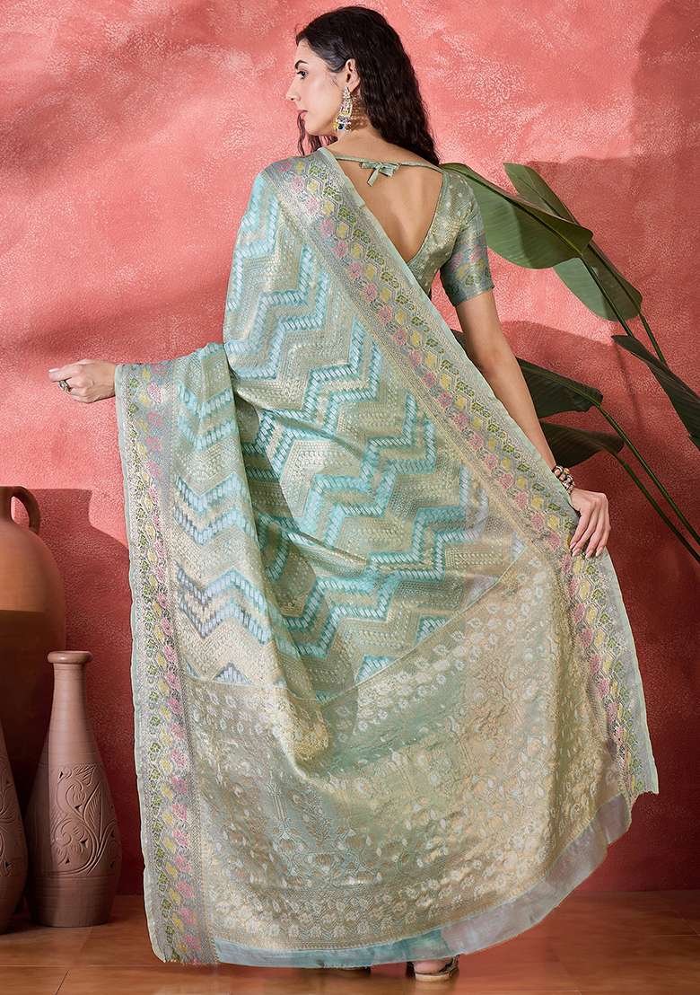 Sky Blue Zari Woven Rangkat Bandhani Saree Rangkat Silk Blend Saree Set - Indya