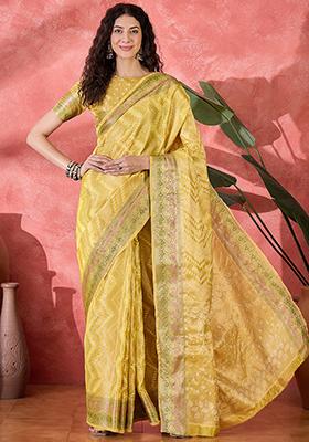Yellow Zari Woven Rangkat Bandhani Saree Rangkat Silk Saree Set