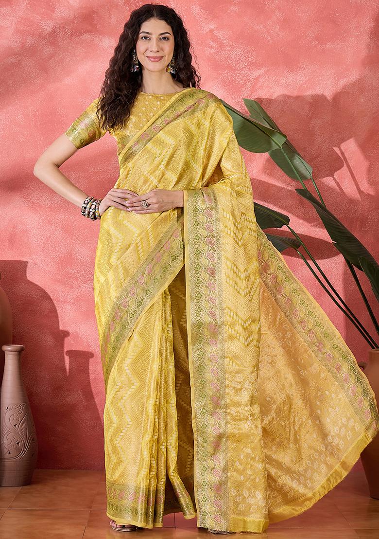 Yellow Zari Woven Rangkat Bandhani Saree Rangkat Silk Saree Set