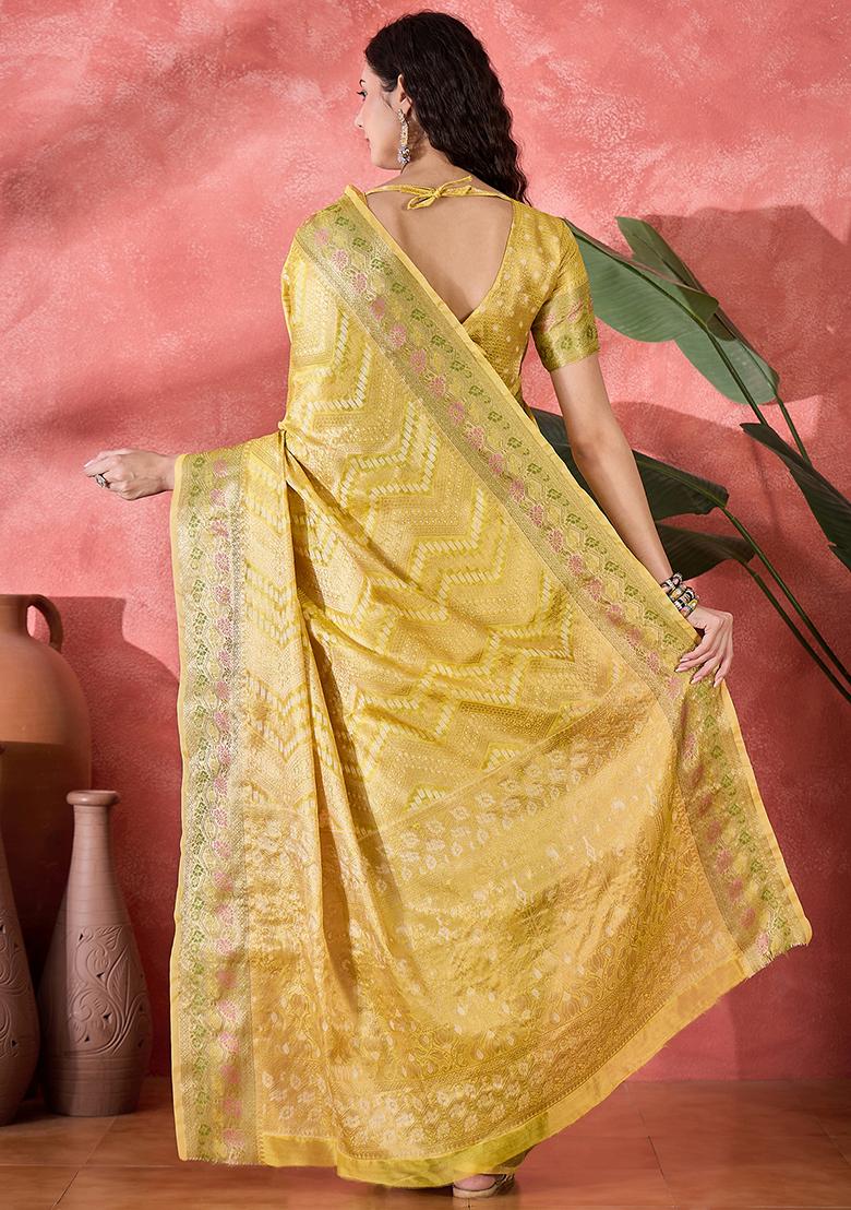 Yellow Zari Woven Rangkat Bandhani Saree Rangkat Silk Saree Set