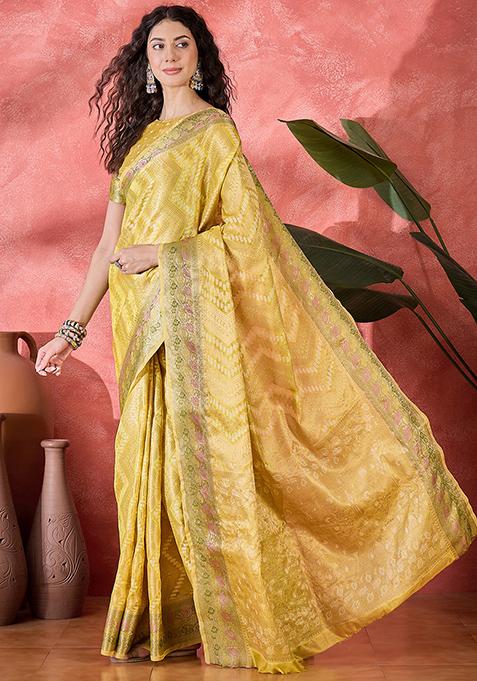Yellow Zari Woven Rangkat Bandhani Saree Rangkat Silk Saree Set