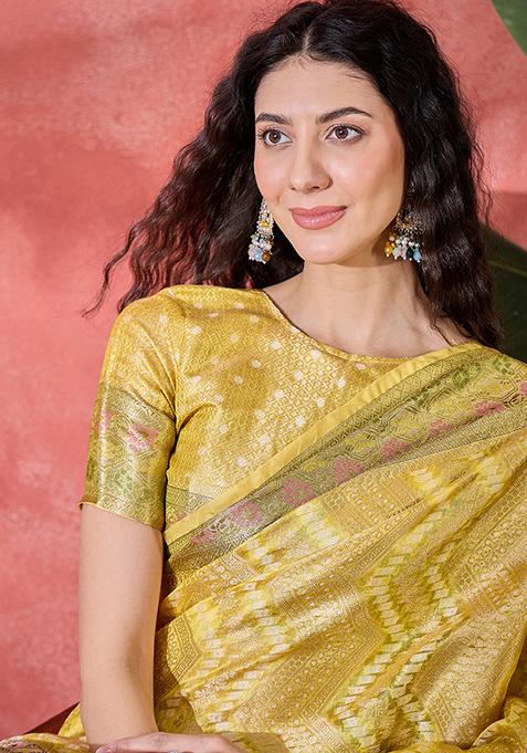Yellow Zari Woven Rangkat Bandhani Saree Rangkat Silk Saree Set