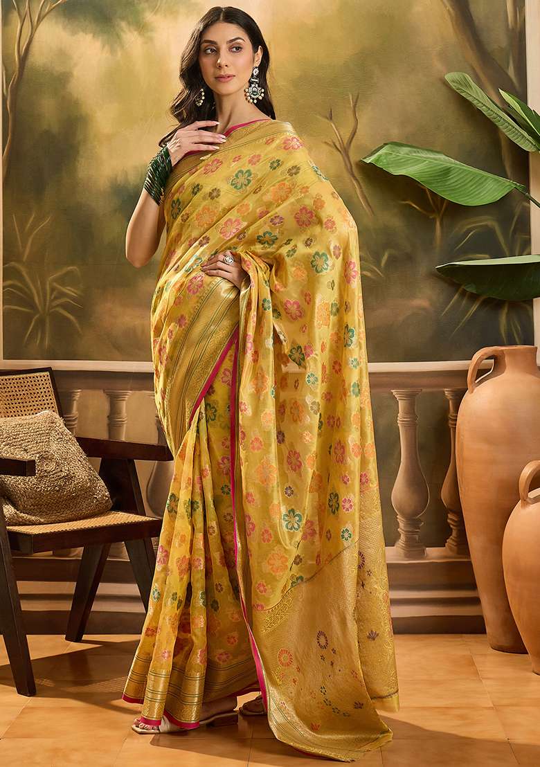 Gold Zari Woven Rangkat Organza Saree Organza Saree Set - Indya