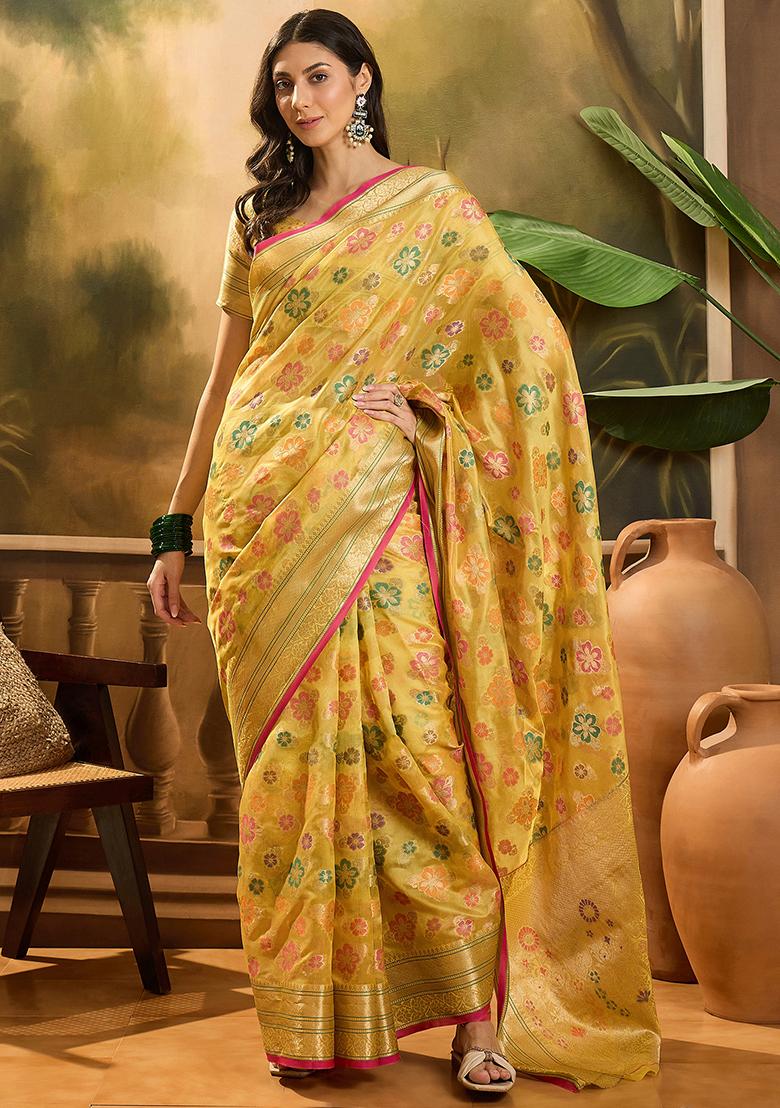 Gold Zari Woven Rangkat Organza Saree Organza Saree Set