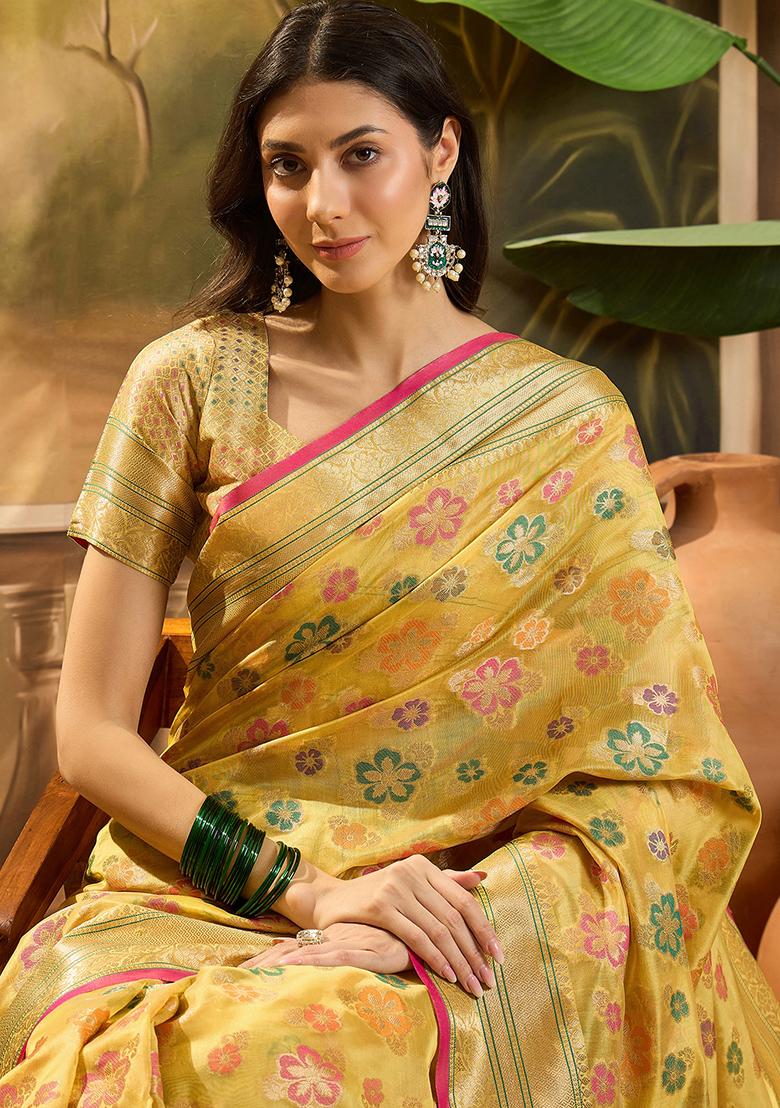 Gold Zari Woven Rangkat Organza Saree Organza Saree Set