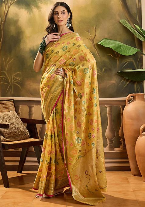 Gold Zari Woven Rangkat Organza Saree Organza Saree Set